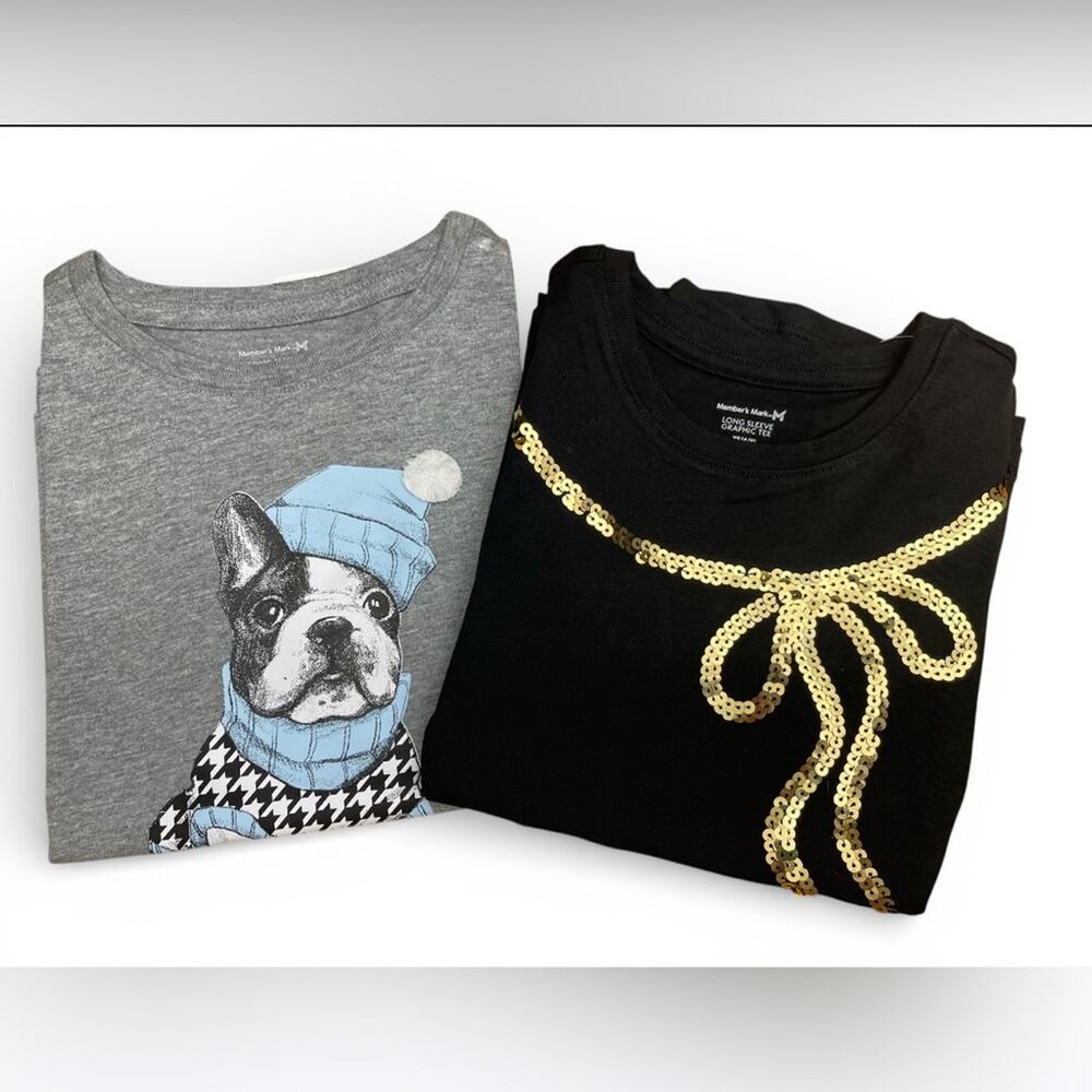 Girls XS (4/5) Long Sleeve Graphic Tees Bundle – Dog Print & Sequin Bow